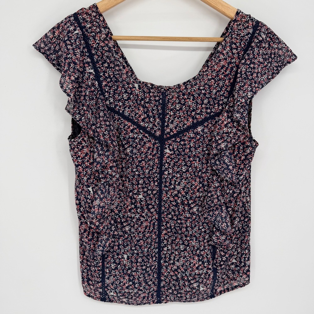 Ariat Top Womens Navy Blue Floral Steer Head Flutter Sleeve Smocked Back Small